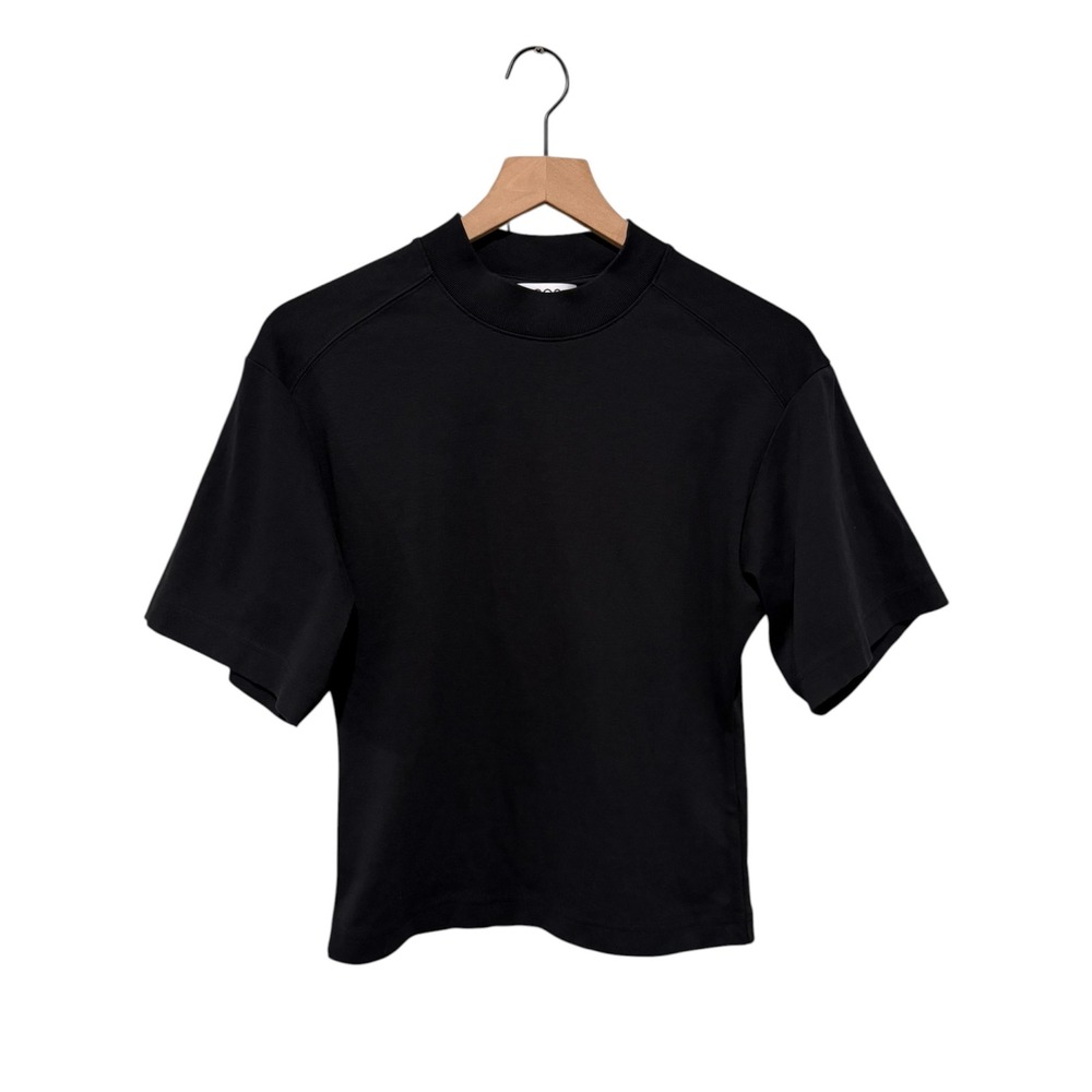 COS Womens Top Sz S Black Short Sleeve Crew Neck Cotton Boxy Sculpted Shoulder